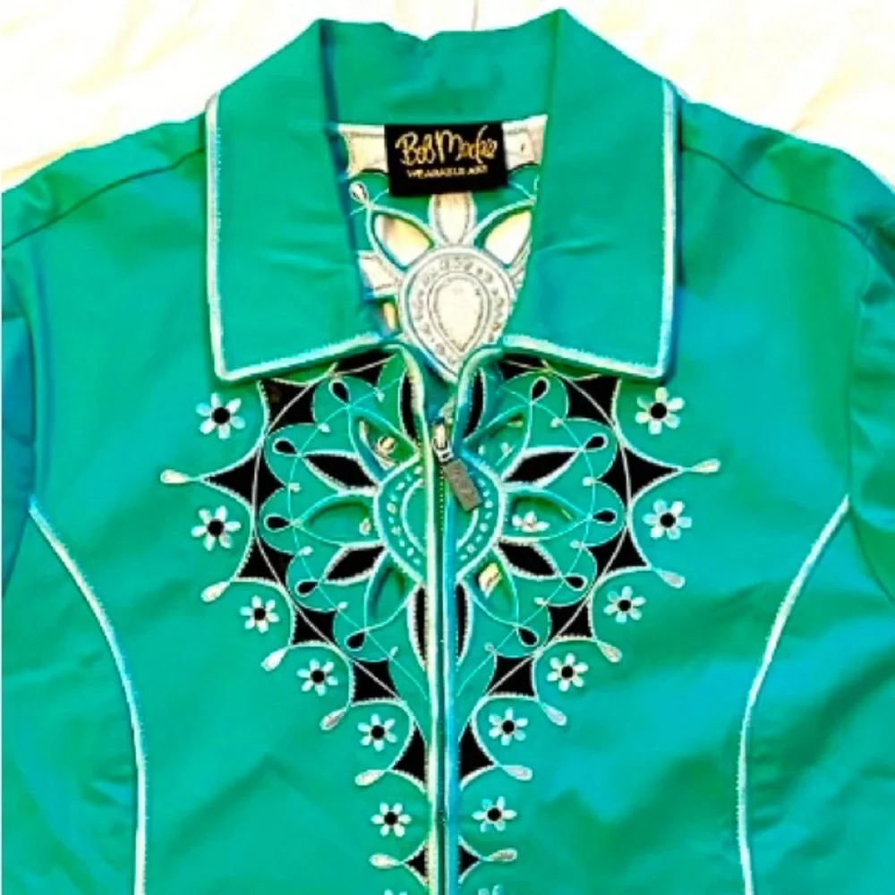 Bob Mackie Wearable Art Teal Green Laser Cut Embroidered Zip up Jacket - Picture 2 of 8
